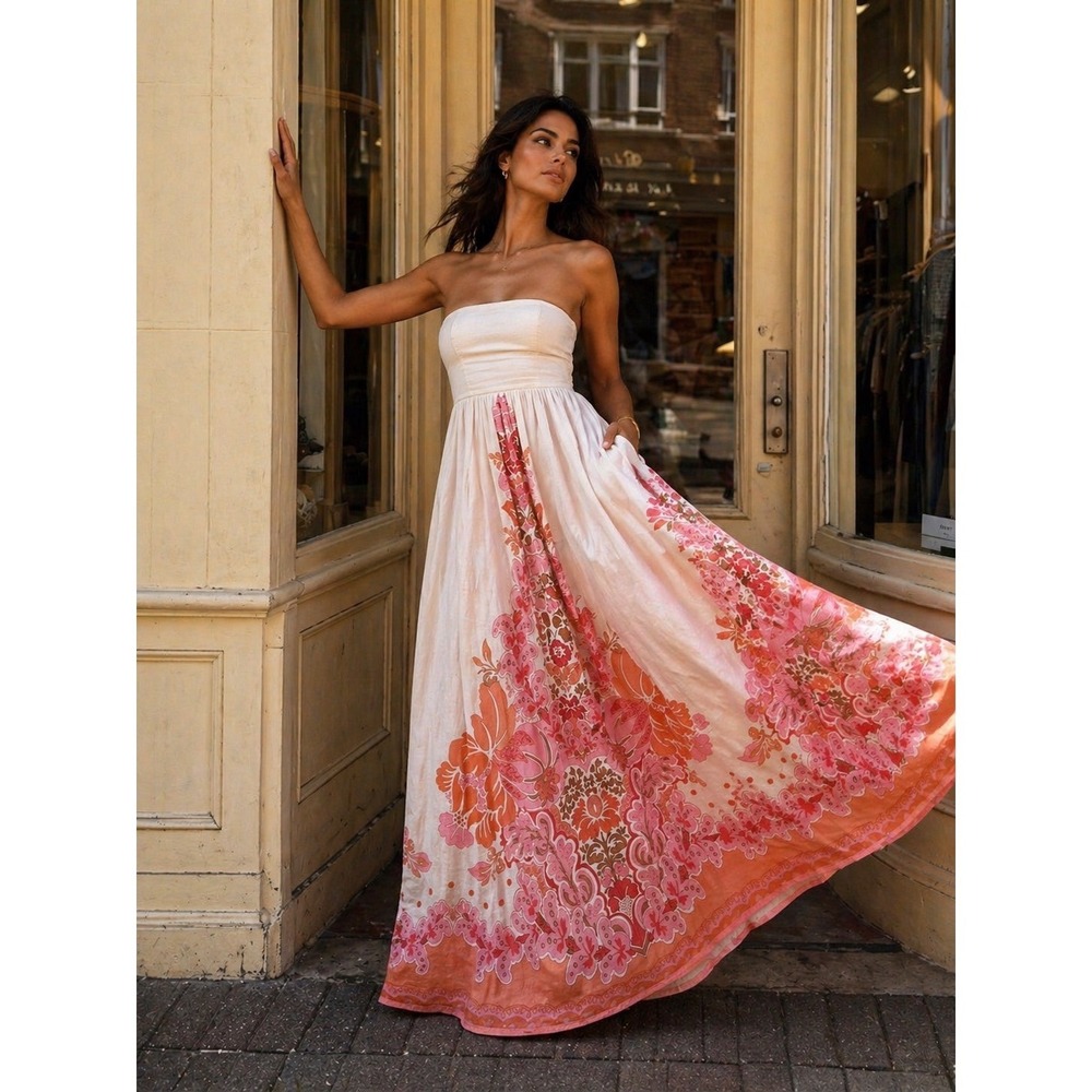Zimmermann Violet Strapless Pink Linen Maxi Dress Belted Pockets AU 0 | US 4 - Picture 8 of 8